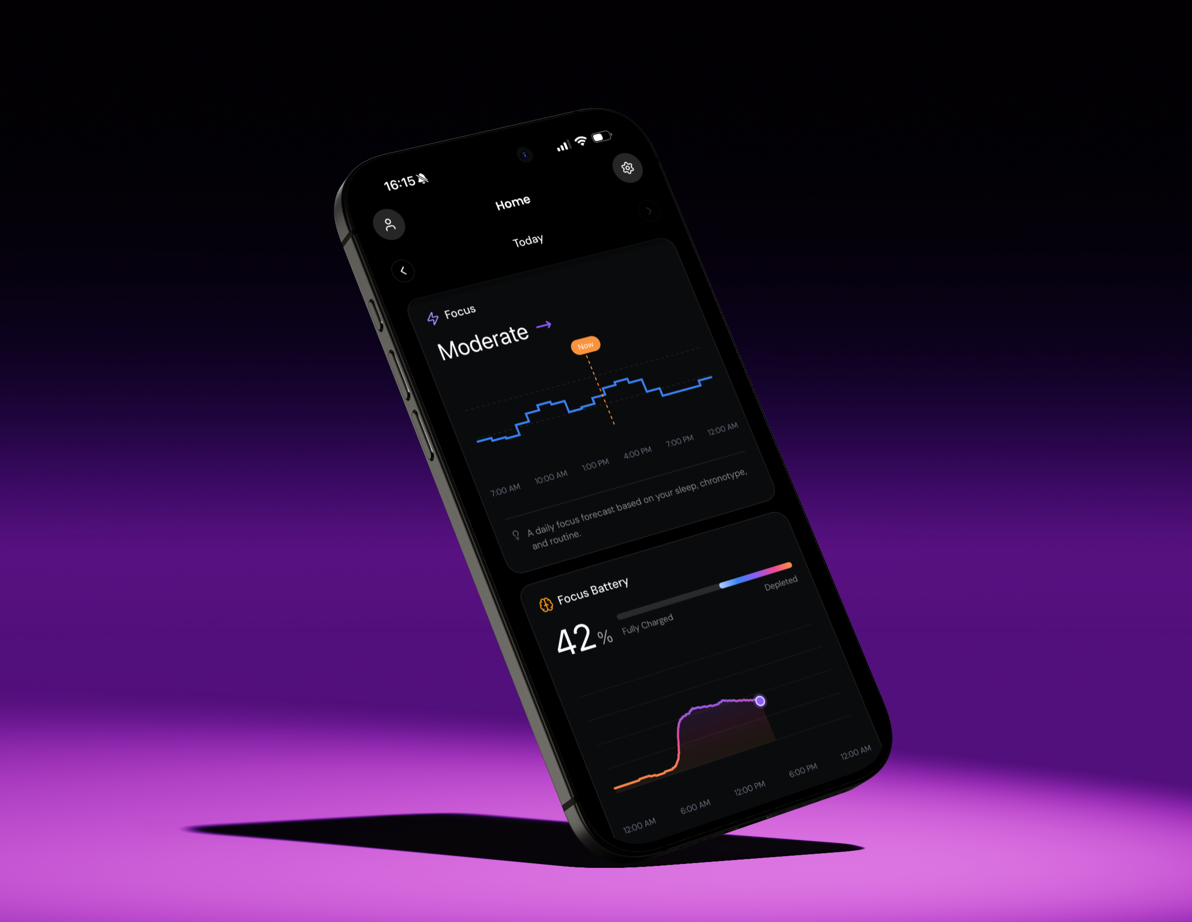 Focus Battery app showing a daily focus forecast with energy levels throughout the day
